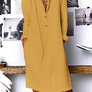 Women's Mini Dresses Solid Long Sleeve V Neck Button Pocket Cotton Linen Vintage Mini Dress