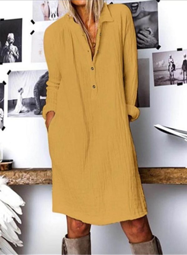 Women's Mini Dresses Solid Long Sleeve V Neck Button Pocket Cotton Linen Vintage Mini Dress