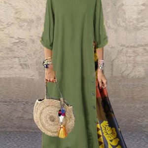 Women's Maxi Dresses Floral Multicolor 3/4 Sleeve Round Neck Cotton Linen Boho Vintage Maxi Dress