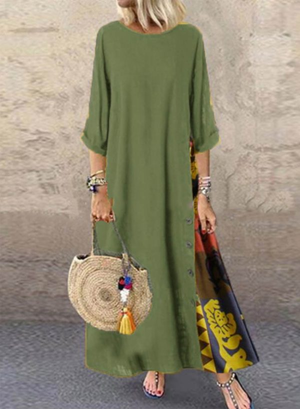 Women's Maxi Dresses Floral Multicolor 3/4 Sleeve Round Neck Cotton Linen Boho Vintage Maxi Dress