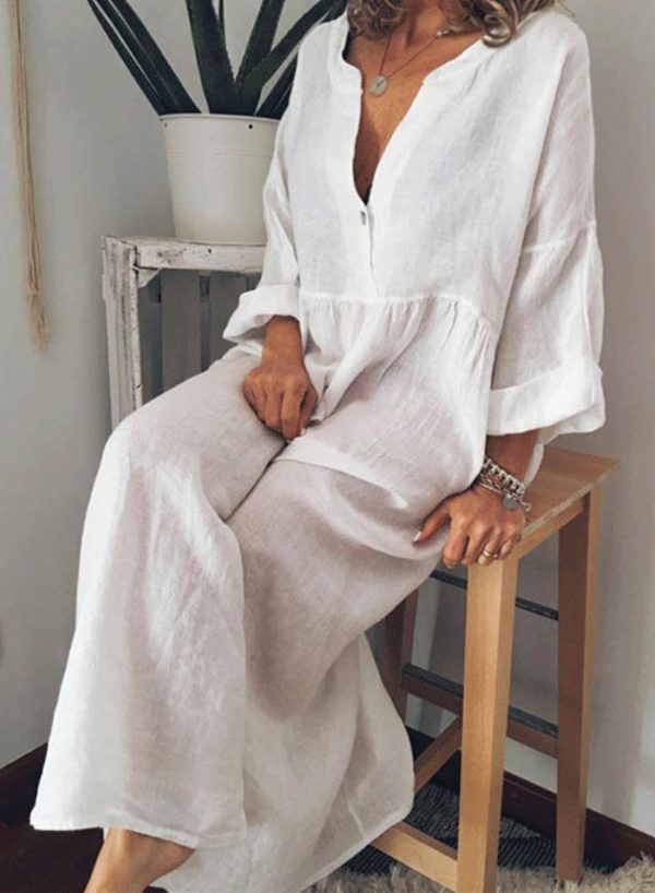 Women's Maxi Dresses Solid Long Sleeve V Neck Casual Boho Cotton Linen Maxi Dress