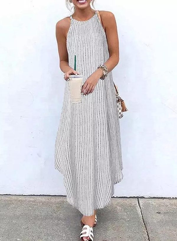 Women's Dress Striped A-line Sleeveless Cold Shoulder Round Neck Cotton Linen Casual Daily Vacation Maxi Dress