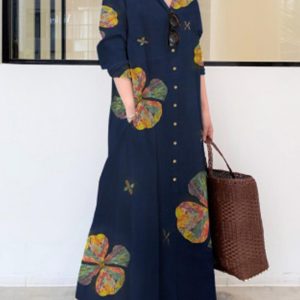 Women's Maxi Dresses Floral Long Sleeve Fit & Flare Turn Down Collar Cotton Linen Casual Vintage Maxi Dress