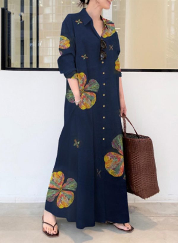 Women's Maxi Dresses Floral Long Sleeve Fit & Flare Turn Down Collar Cotton Linen Casual Vintage Maxi Dress