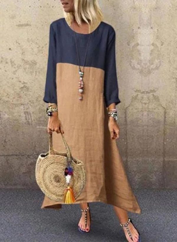 Women's Maxi Dresses Color Block Long Sleeve A-line Round Neck Casual Cotton Linen Daily Maxi Dress