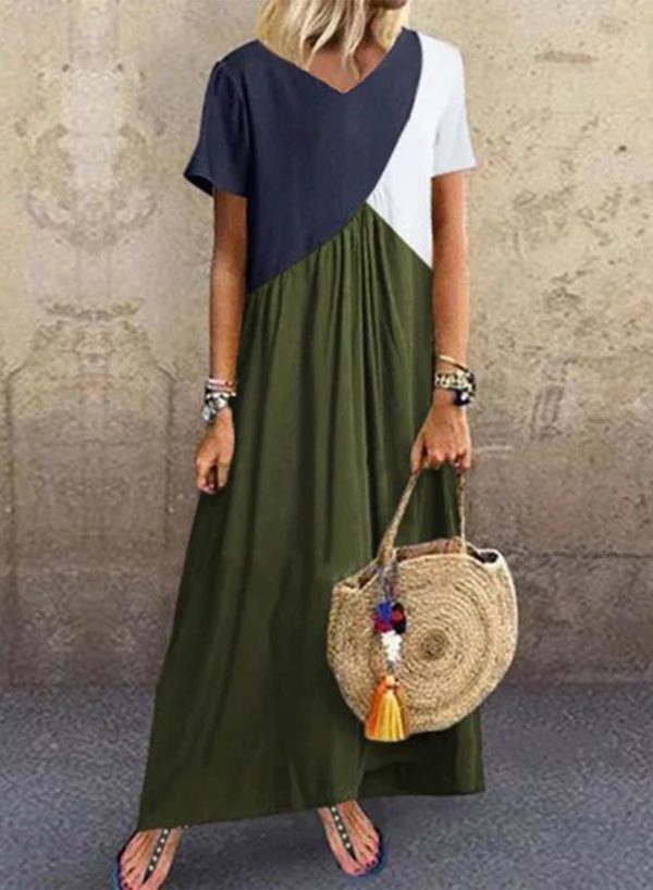 Women's Maxi Dresses Color Block Short Sleeve A-line V Neck Casual Cotton Linen Daily Maxi Dress