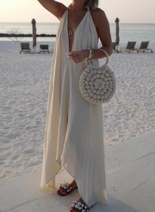 Women's Dress Solid Sleeveless Fit & Flare V Neck Knot Vacation Beach Cotton Linen Boho Sexy Summer Maxi Dress