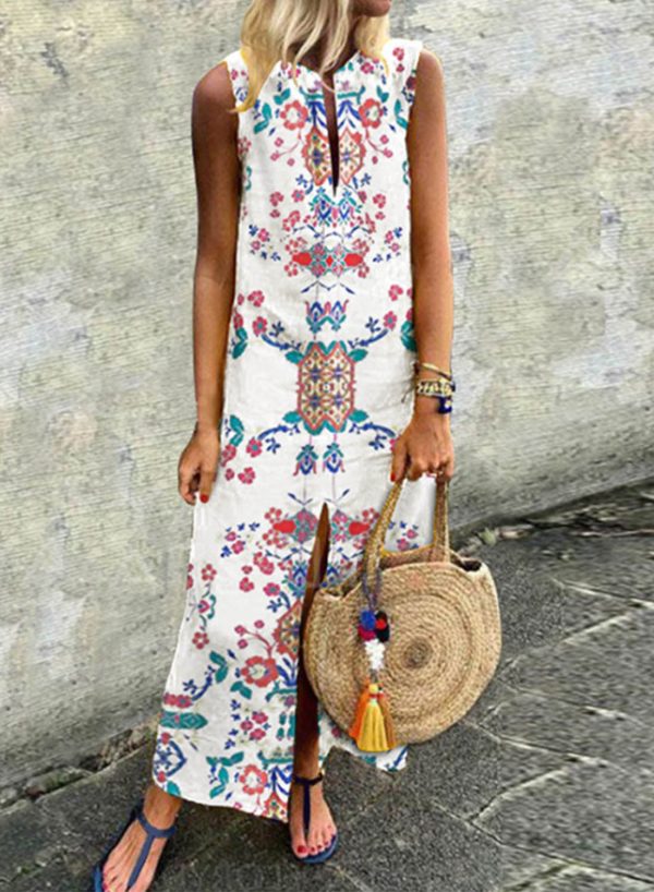 Women's Maxi Dresses Floral Sleeveless Crew Neck A-line Split Cotton Linen Boho Maxi Dress