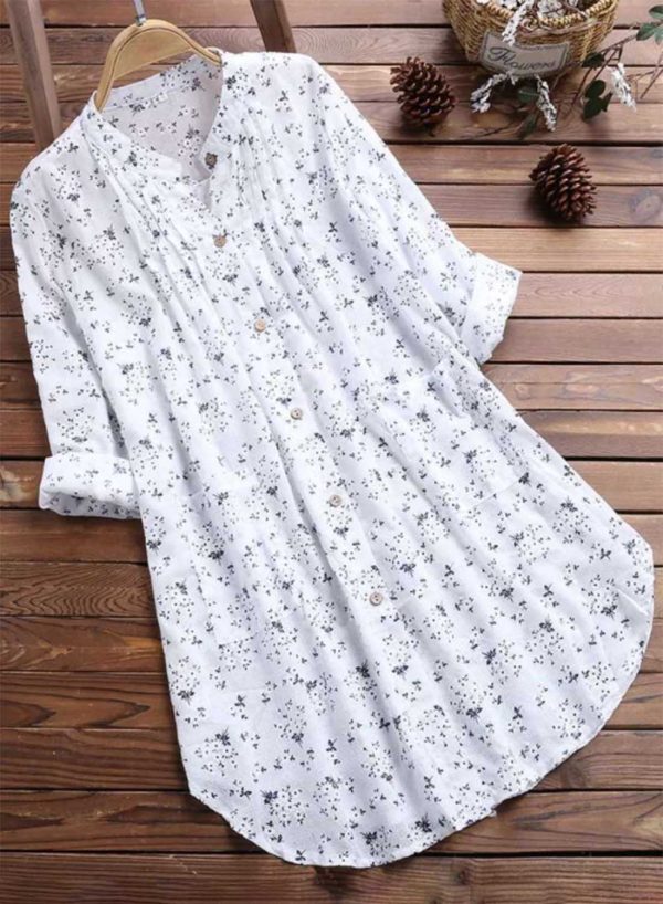 Women's Shirts Floral 3/4 Sleeve Stand Neck Button Pocket Cotton Linen Daily Shirt