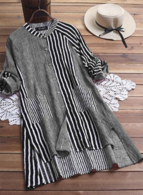 Women's Mini Dresses Striped Long Sleeve Turn Down Collar Fit Flare Sexy Cotton Linen Mini Dress