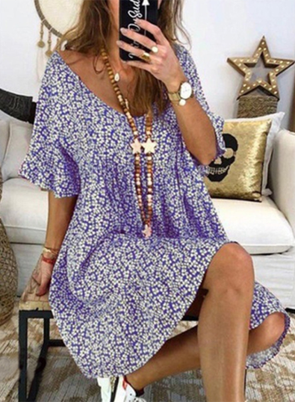 Women's Mini Dresses A-line Floral Short Sleeve V Neck Daily Cotton Linen Casual Mini Dress