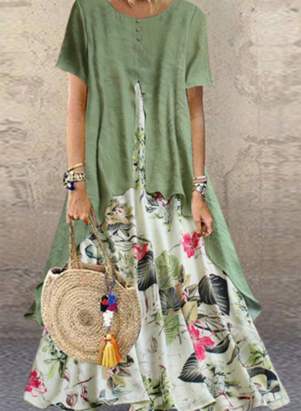 Women's Maxi Dresses A-line Floral Short Sleeve Round Neck Vacation Cotton Linen Casual Maxi Dress