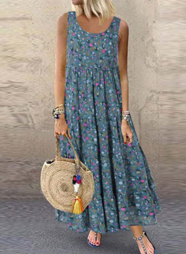 Women's Maxi Dresses A-line Floral Sleeveless Round Neck Daily Cotton Linen Casual Maxi Dress