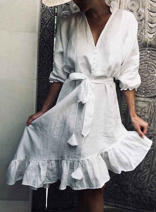 Women's Mini Dresses Fashion Solid 3/4 Sleeve Fit & Flare V Neck Ruffle Button Cotton Linen Dress