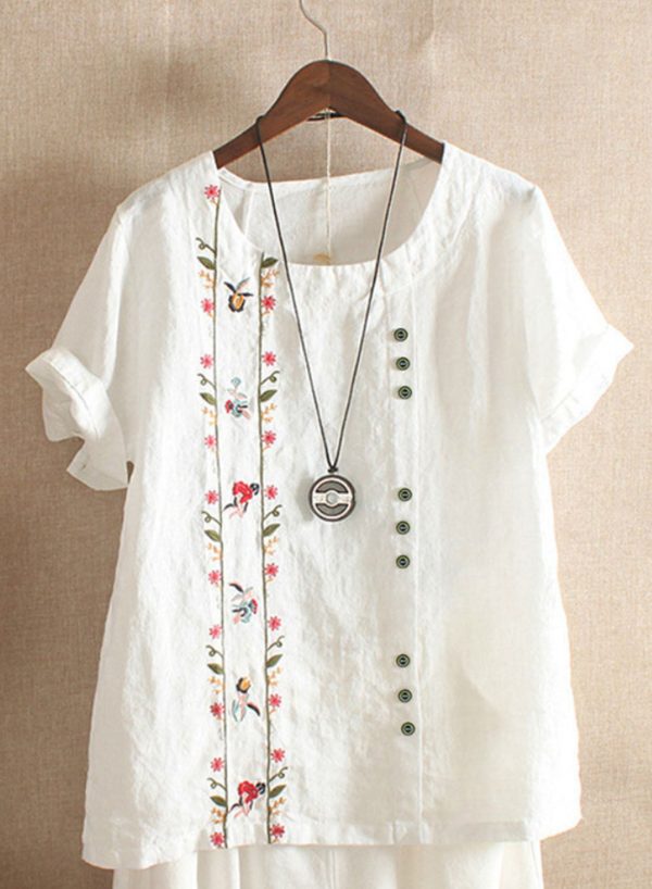 Women's Blouses Floral Embroidery Cotton&Linen Blouse