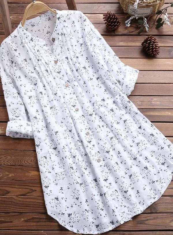 Women's Blouses Floral Allover Print Tunic Cotton Linen Blouse