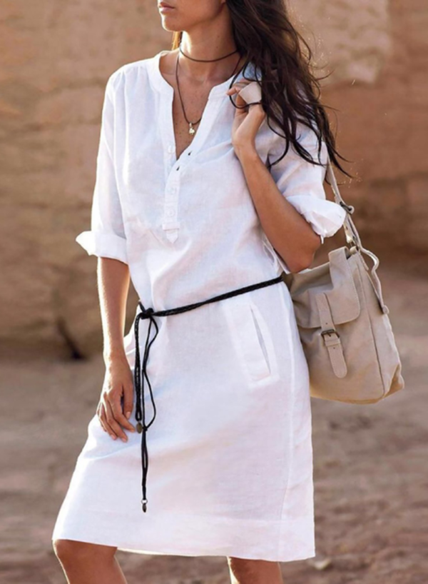 Women's Dresses Cotton&Linen Belted Shirt Dress