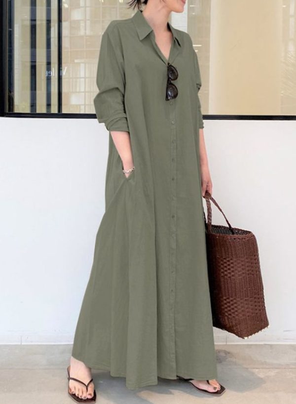 Women's Cotton Linen Dresses Cotton Linen Button Down Shirt Dress Long Sleeve Casual Loose Pocket Shirt Maxi Dress